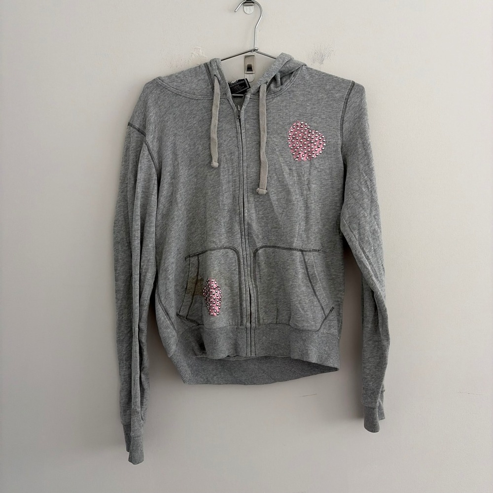 PINK Victoria's Secret Grey Peace Heart Studded Zip Up Hoodie L